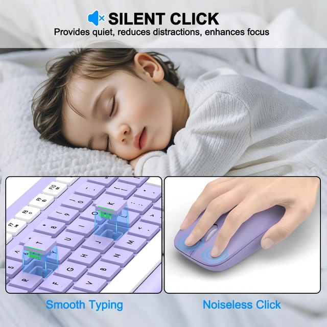 Alt view image 12 of 14 - Wireless Keyboard and Mouse Combo, Full-Size Silent Ergonomic Keyboard and Optical Mouse, Long Battery Life, 2.4G Lag-Free Mice Keyboard for Computer, Mac, Laptop, PC, Windows(Purple)