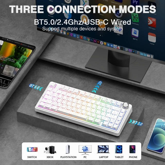 Alt view image 10 of 14 - Wireless Mechanical Keyboard with Knob,75% Hot Swappable Custom Gaming Keyboards,RGB Backlit,Pre-lubed Switches,Side Printed PBT Keycaps Creamy Sounding Computer Keyboard, Line White
