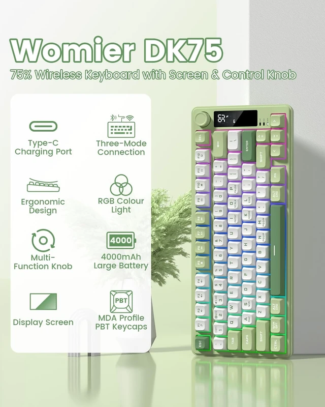Alt view image 9 of 14 - Wireless Gaming Keyboard, RGB Backlit Creamy Keyboard with Media Knob, OLED Screen, Tri-Mode 2.4GHz/USB-C/BT5.0, Anti-Ghosting No-Conflict Silent Membrane Keyboard for MAC Windows