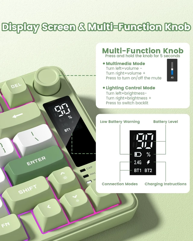 Alt view image 11 of 14 - Wireless Gaming Keyboard, RGB Backlit Creamy Keyboard with Media Knob, OLED Screen, Tri-Mode 2.4GHz/USB-C/BT5.0, Anti-Ghosting No-Conflict Silent Membrane Keyboard for MAC Windows