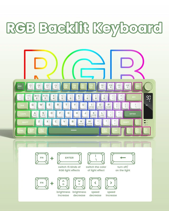 Alt view image 13 of 14 - Wireless Gaming Keyboard, RGB Backlit Creamy Keyboard with Media Knob, OLED Screen, Tri-Mode 2.4GHz/USB-C/BT5.0, Anti-Ghosting No-Conflict Silent Membrane Keyboard for MAC Windows
