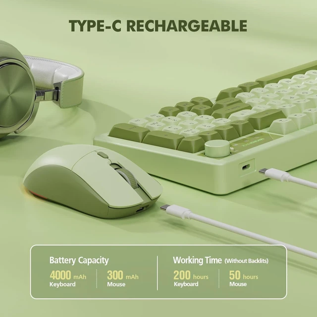 Alt view image 10 of 14 - Wireless Keyboard and Mouse Combo Creamy with Number Pad for Desktop Mac iPad Bluetooth/2.4ghz/Wired Rechargeable Light up RGB Quiet Compatible with PC Laptop Tablet (Green)