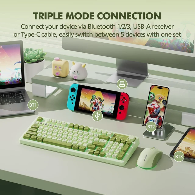 Alt view image 9 of 14 - Wireless Keyboard and Mouse Combo Creamy with Number Pad for Desktop Mac iPad Bluetooth/2.4ghz/Wired Rechargeable Light up RGB Quiet Compatible with PC Laptop Tablet (Green)