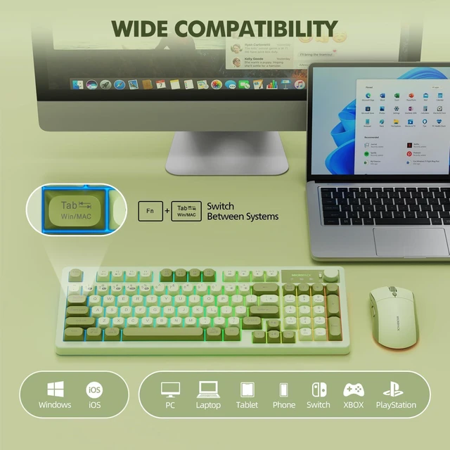 Alt view image 12 of 14 - Wireless Keyboard and Mouse Combo Creamy with Number Pad for Desktop Mac iPad Bluetooth/2.4ghz/Wired Rechargeable Light up RGB Quiet Compatible with PC Laptop Tablet (Green)