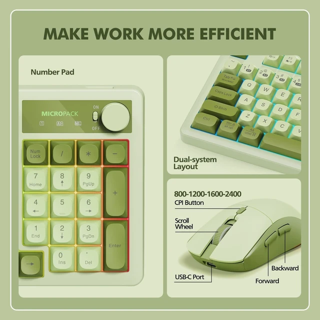 Alt view image 13 of 14 - Wireless Keyboard and Mouse Combo Creamy with Number Pad for Desktop Mac iPad Bluetooth/2.4ghz/Wired Rechargeable Light up RGB Quiet Compatible with PC Laptop Tablet (Green)