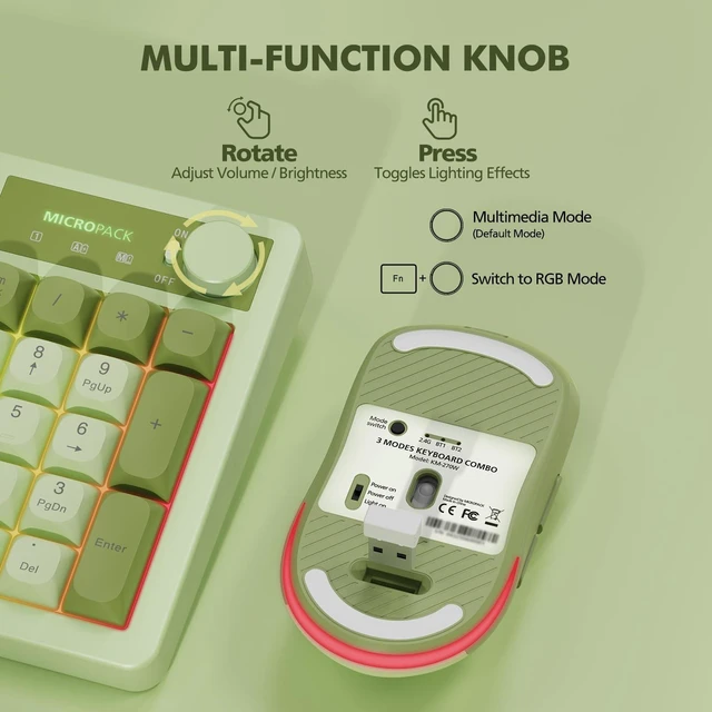 Alt view image 14 of 14 - Wireless Keyboard and Mouse Combo Creamy with Number Pad for Desktop Mac iPad Bluetooth/2.4ghz/Wired Rechargeable Light up RGB Quiet Compatible with PC Laptop Tablet (Green)