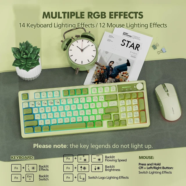 Alt view image 11 of 14 - Wireless Keyboard and Mouse Combo Creamy with Number Pad for Desktop Mac iPad Bluetooth/2.4ghz/Wired Rechargeable Light up RGB Quiet Compatible with PC Laptop Tablet (Green)