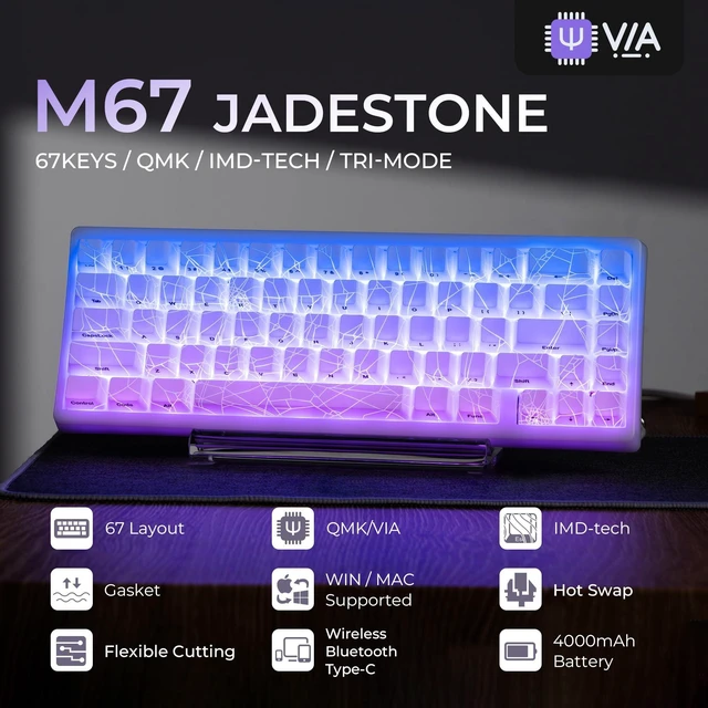 Alt view image 9 of 14 - Wireless 60% Percent Keyboard, QMK/VIA Gaming Keyboard, Tri-Mode Thocky Creamy Mechanical Key Board, Hot Swappable Gasket Mount RGB IMD Tech for Win/Mac, Spider Web Theme, White