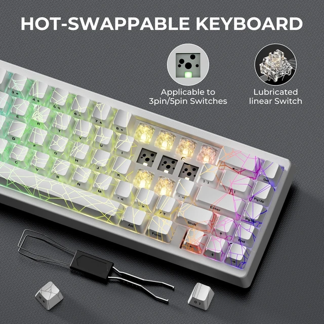 Alt view image 12 of 14 - Wireless 60% Percent Keyboard, QMK/VIA Gaming Keyboard, Tri-Mode Thocky Creamy Mechanical Key Board, Hot Swappable Gasket Mount RGB IMD Tech for Win/Mac, Spider Web Theme, White