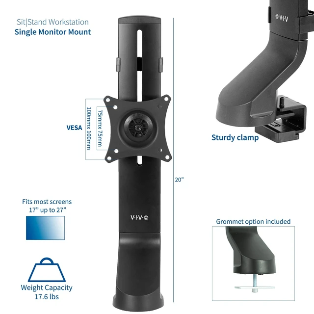 Alt view image 9 of 14 - Adjustable Single Monitor Mount for Sit-Stand Workstation, Desk Converter, Monitor Arm Fits 1 Screen up to 32 inches, STAND-V001U
