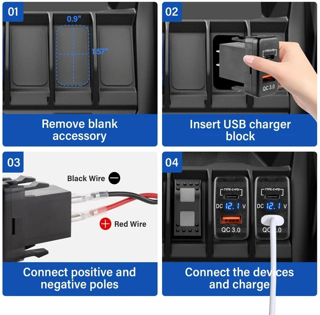 Alt view image 9 of 12 - for Toyota USB C Car Charger Socket, 12V/24V Dual USB Outlet PD3.0 & QC3.0 Car USB Port with LED Voltmeter for Toyota Tundra 2005-2006 4Runner 2003-2009 Hilux 2005-2014 (1.57 * 0.9 Inch)