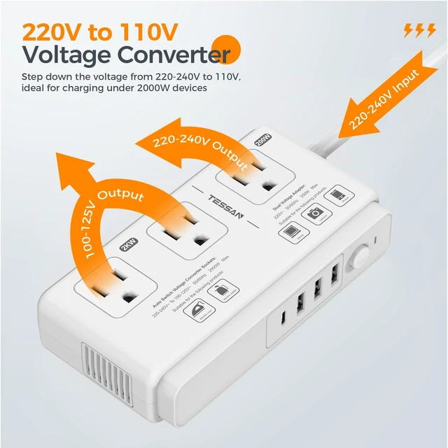 Alt view image 14 of 14 - Voltage Converter US to Europe, 220 to 110 Voltage Converter | Universal Travel Adapter, 4 USB Ports (1 USB C), 3 AC and EU UK AU IT in ZA Plug Power Adapter, Step Down Transformer, 4 FT