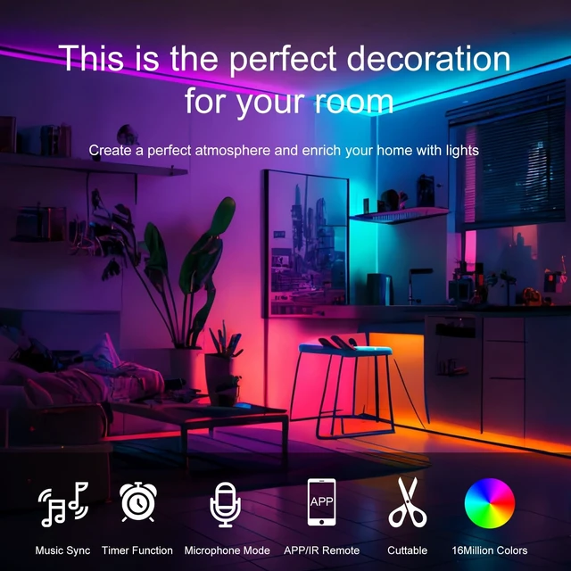 Alt view image 9 of 14 - Led Lights for Bedroom 200 FT (2 Rolls 100 FT), with Remote and Application Control RGB Color Changing LED Strip Lights, Music Synchronization
