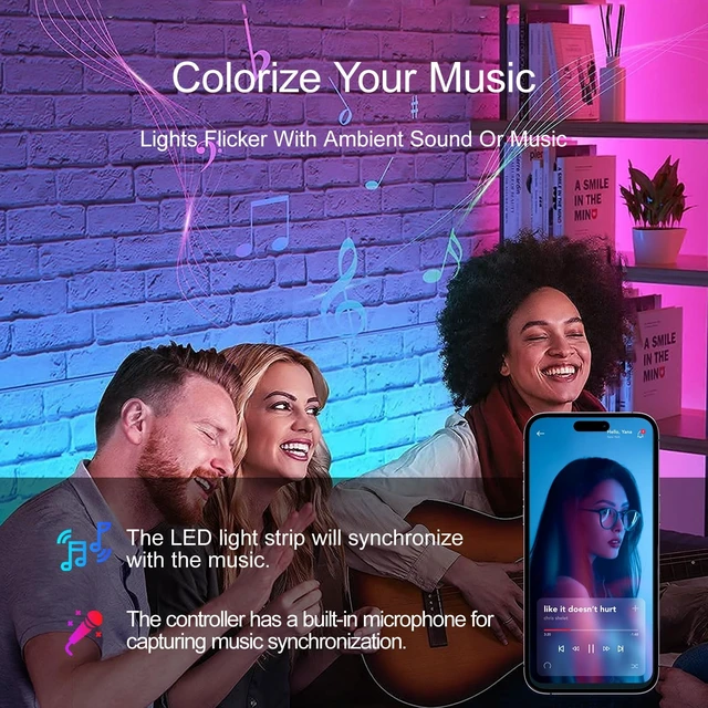 Alt view image 10 of 14 - Led Lights for Bedroom 200 FT (2 Rolls 100 FT), with Remote and Application Control RGB Color Changing LED Strip Lights, Music Synchronization
