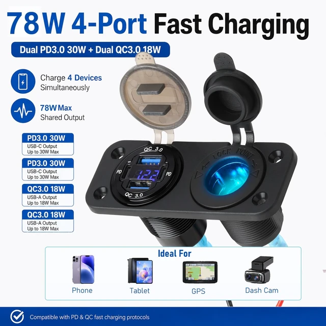 Alt view image 9 of 14 - 12V Marine USB-C Panel with Voltmeter and Cigarette Lighter Socket | 4-Port Dual PD 30W and dual QC 18W ports with 150W blue cigarette lighter socket for boats, RVs, ATVs, and trucks