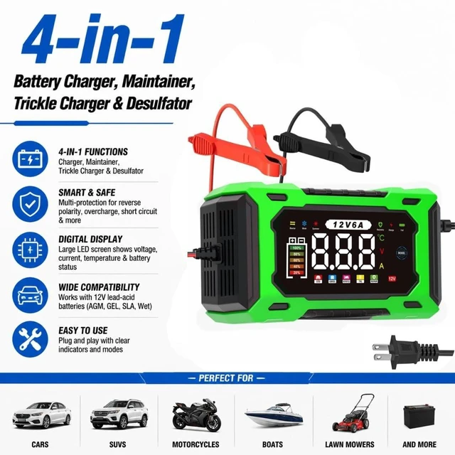 Alt view image 8 of 12 - 12V 6A Smart Battery Charger Maintainer, Fully Automatic Trickle Charger | MultiStage Charging & Comprehensive Safety Protection, for LeadAcid (AGM, GEL, SLA, Flooded, deepcycle) batteries