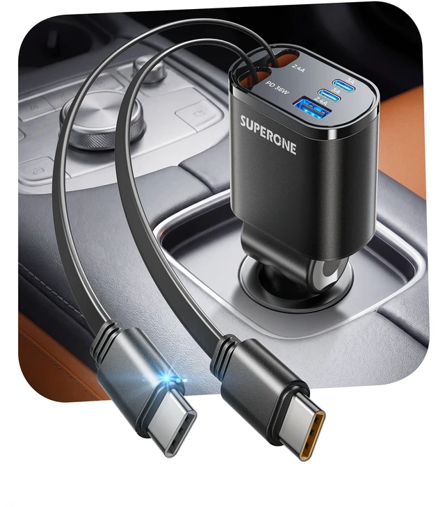 Alt view image 8 of 14 - 90W Retractable Car Charger, Dual USB-C Cables Fast Charger Black | 90W 5-in-1 fast charging with dual retractable USB-C cables for iPhone 18 17 16 15 14, Galaxy and Pixel, Road Trip Essential