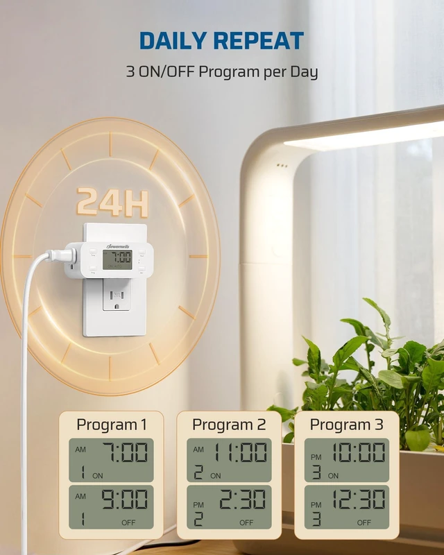 Alt view image 9 of 14 - Indoor 24 Hour Programmable Digital Timer Outlet, 1 Outlet,2 Pack | 3 On/Off Programs,125V/15A, 1/2 HP, 3 Prong Light Timer for Lamp,Aquarium, Christmas Decorations, Halloween Lights,White