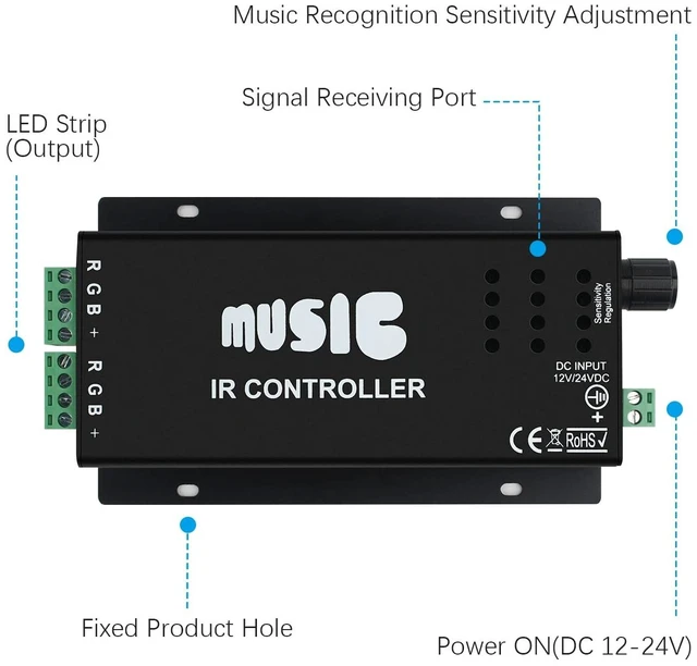Alt view image 9 of 14 - RGB 4-PIN LED Controller, DC12-24V LED Light Strips Controller | Adjustable Brightness & Speed, 24-Keys IR Wireles Remote Control, Music Sync for 5050 3528 RGB LED Strip Light