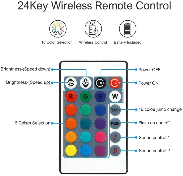 Alt view image 10 of 14 - RGB 4-PIN LED Controller, DC12-24V LED Light Strips Controller | Adjustable Brightness & Speed, 24-Keys IR Wireles Remote Control, Music Sync for 5050 3528 RGB LED Strip Light
