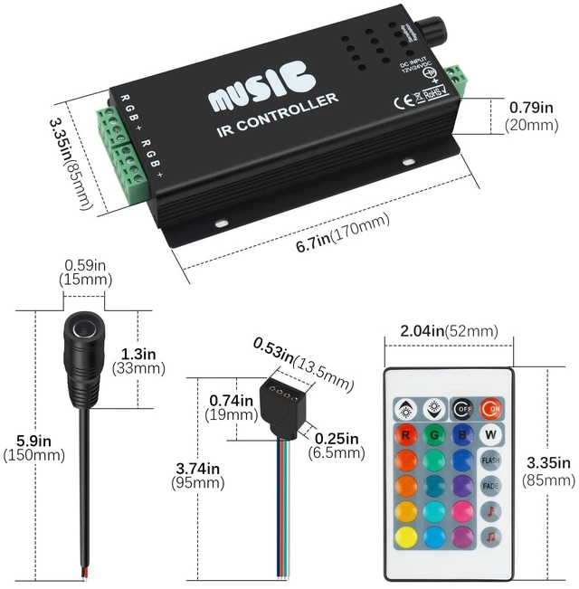 Alt view image 14 of 14 - RGB 4-PIN LED Controller, DC12-24V LED Light Strips Controller | Adjustable Brightness & Speed, 24-Keys IR Wireles Remote Control, Music Sync for 5050 3528 RGB LED Strip Light