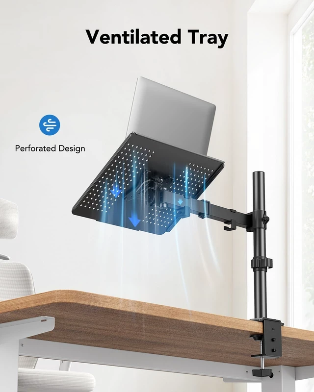 Alt view image 14 of 14 - Laptop Desk Mount - 17' to 32' Monitor Arm | Ventilated Tray, Fully Adjustable with Tilt, Swivel & Rotation, Holds up to 22 lbs