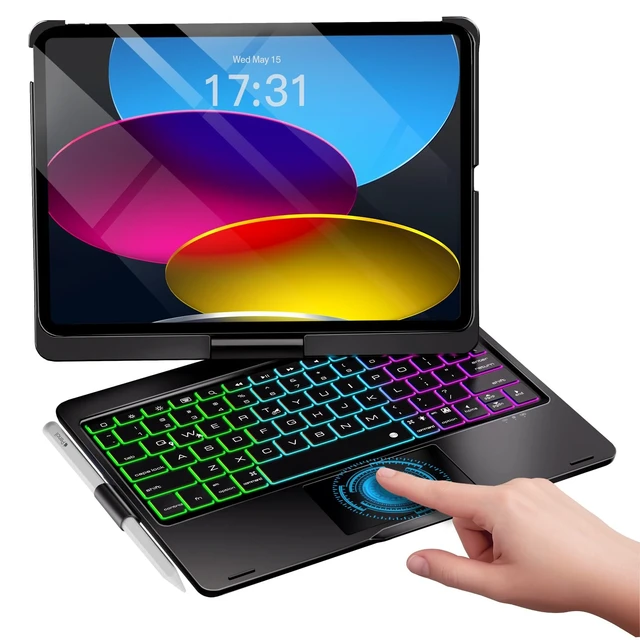 Alt view image 8 of 14 - for iPad A16 11th/10th/Air 11 Keyboard Case, 360 Rotating,Black | For iPad Air 11(M4/M3/M2),Air 5th/4th,Pro 11,Hard-Shell Protection,Multi-touch Trackpad,7 Modes,Rainbow Backlit,Pencil Holder