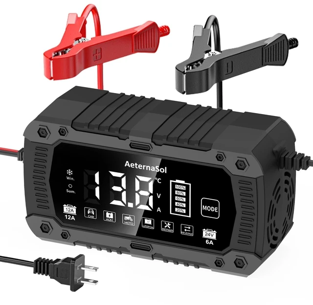 Alt view image 8 of 14 - 12A Smart Car Battery Charger, 12V/24V Battery Maintainer Charger (Black) | 12V/24V Automatic Detection | Pulse Repair Function | Desulfation Function | Winter/Summer Modes | Temperature Compensation