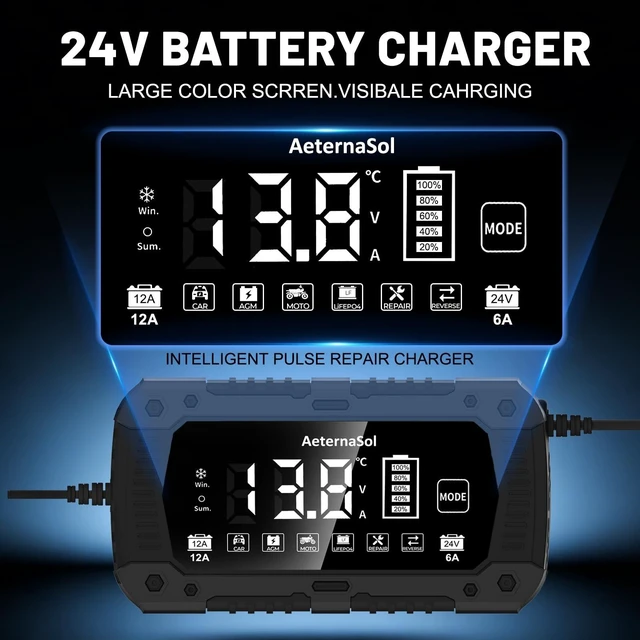 Alt view image 11 of 14 - 12A Smart Car Battery Charger, 12V/24V Battery Maintainer Charger (Black) | 12V/24V Automatic Detection | Pulse Repair Function | Desulfation Function | Winter/Summer Modes | Temperature Compensation