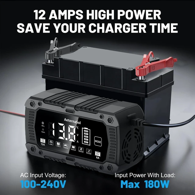 Alt view image 9 of 14 - 12A Smart Car Battery Charger, 12V/24V Battery Maintainer Charger (Black) | 12V/24V Automatic Detection | Pulse Repair Function | Desulfation Function | Winter/Summer Modes | Temperature Compensation