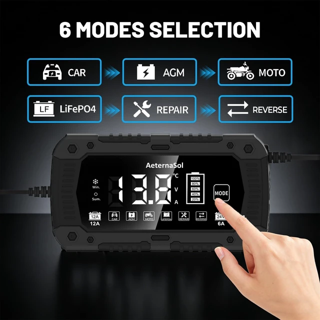 Alt view image 10 of 14 - 12A Smart Car Battery Charger, 12V/24V Battery Maintainer Charger (Black) | 12V/24V Automatic Detection | Pulse Repair Function | Desulfation Function | Winter/Summer Modes | Temperature Compensation