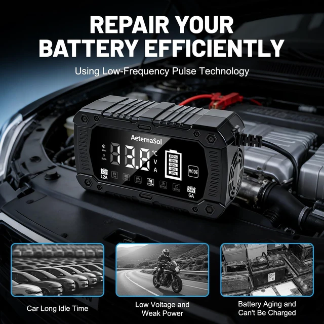 Alt view image 12 of 14 - 12A Smart Car Battery Charger, 12V/24V Battery Maintainer Charger (Black) | 12V/24V Automatic Detection | Pulse Repair Function | Desulfation Function | Winter/Summer Modes | Temperature Compensation