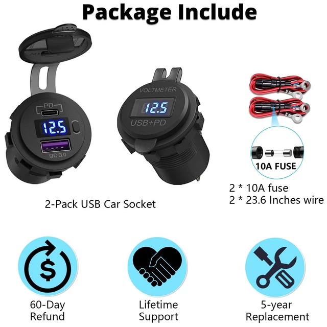 Alt view image 14 of 14 - 2 Pack PD3.0 20W and QC3.0 18W USB C Car Charger With LED Voltmeter and ON/Off Switch for Boat, RV, Truck, Golf Cart, Motorcycle