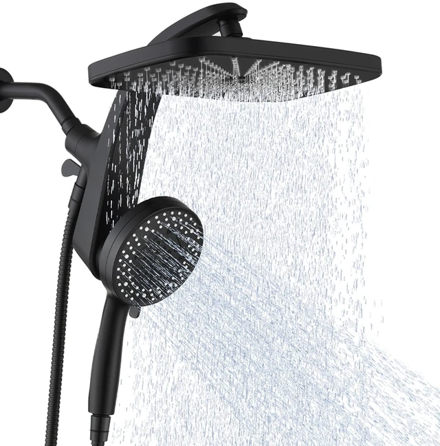 Alt view image 8 of 14 - Rain Shower Head with Handheld Showerhead, Black 1.8GPM 460311 | 12" High Pressure Rainfall Shower Heads, 9 Sprays Handheld Showerheads, Magnetic Docking, Power Jets, 59" Shower Hose