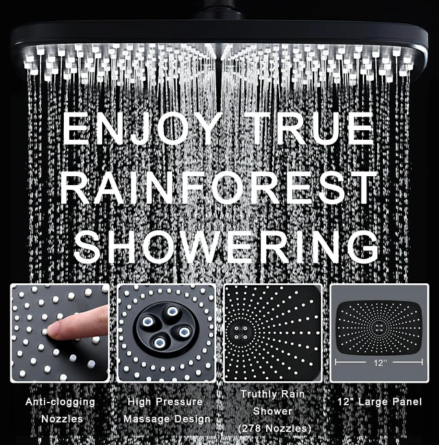 Alt view image 12 of 14 - Rain Shower Head with Handheld Showerhead, Black 1.8GPM 460311 | 12" High Pressure Rainfall Shower Heads, 9 Sprays Handheld Showerheads, Magnetic Docking, Power Jets, 59" Shower Hose