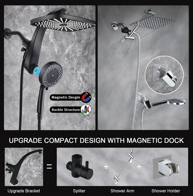 Alt view image 14 of 14 - Rain Shower Head with Handheld Showerhead, Black 1.8GPM 460311 | 12" High Pressure Rainfall Shower Heads, 9 Sprays Handheld Showerheads, Magnetic Docking, Power Jets, 59" Shower Hose