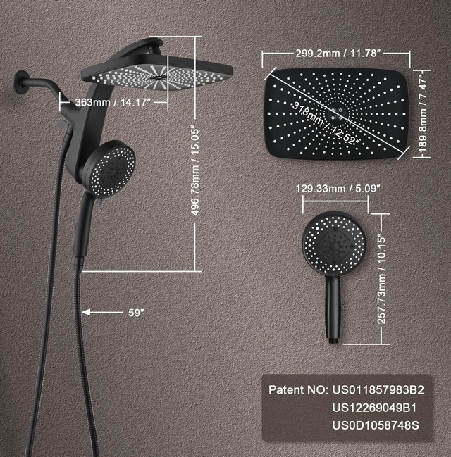 Alt view image 10 of 14 - Rain Shower Head with Handheld Showerhead, Black 1.8GPM 460311 | 12" High Pressure Rainfall Shower Heads, 9 Sprays Handheld Showerheads, Magnetic Docking, Power Jets, 59" Shower Hose