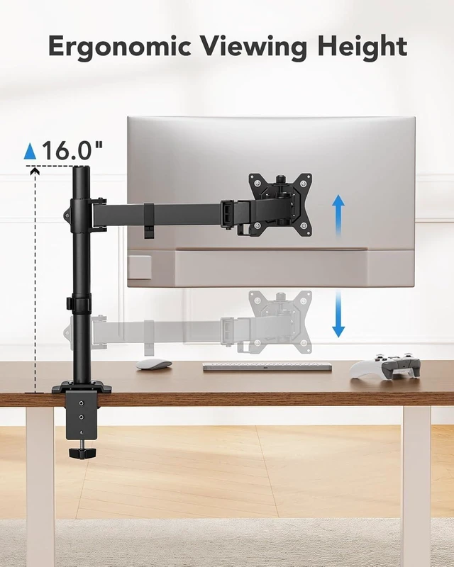 Alt view image 12 of 14 - Single Monitor Mount for 13-32 Inch Screens,17.6 lbs Capacity | 16 inch height, full-motion adjustment, C-clamp or grommet mounting, cable clips, space saving, VESA 75x75/100x100mm