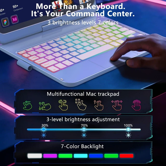 Alt view image 11 of 14 - Touch Keyboard Case for iPad A16 11th Generation/10th Generation 10.9 inch | 360° Rotatable for iPad 11th / 10th Generation Case with Keyboard- 7 Color Backlight Keyboard Case with Pencil Holder
