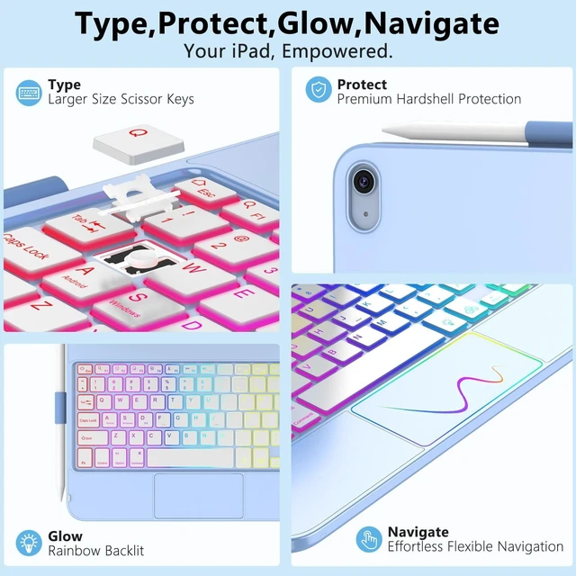 Alt view image 13 of 14 - Touch Keyboard Case for iPad A16 11th Generation/10th Generation 10.9 inch | 360° Rotatable for iPad 11th / 10th Generation Case with Keyboard- 7 Color Backlight Keyboard Case with Pencil Holder