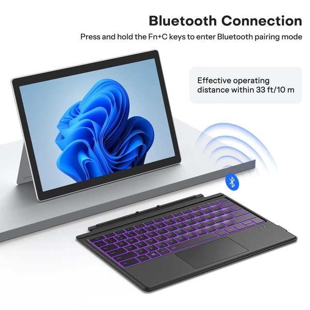 Alt view image 14 of 14 - Bluetooth Keyboard for Microsoft Surface Pro 7/7+/6/5/4/3 12.3 inch | Magnetic Wireless Bluetooth Keyboard, 7-Color Backlit, Ultra-Slim, Rechargeable Battery, Multi-Touch, Black