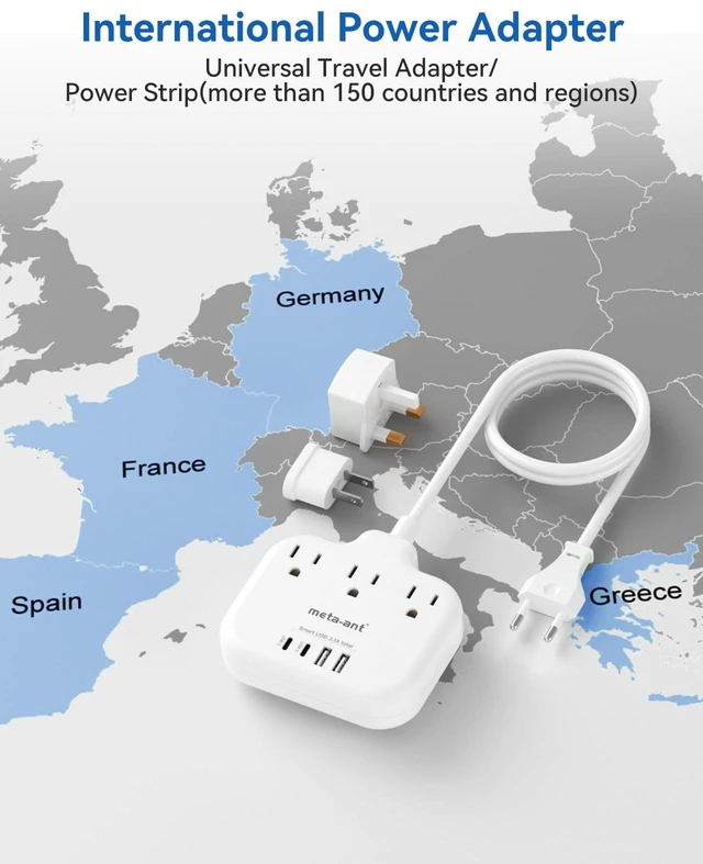 Alt view image 9 of 14 - European Travel Plug Adapter, US to European Plug Adapter with 3 American Outlets & 4 USB, 3ft European Power Cord, International Travel Power Strip, Type C for Europe EU Germany France, Travel, White