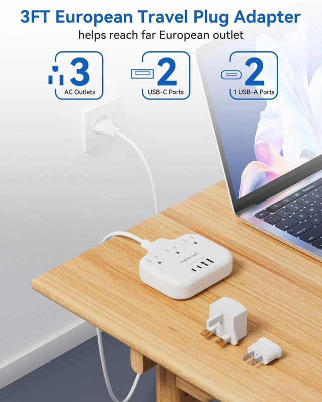 Alt view image 10 of 14 - European Travel Plug Adapter, US to European Plug Adapter with 3 American Outlets & 4 USB, 3ft European Power Cord, International Travel Power Strip, Type C for Europe EU Germany France, Travel, White