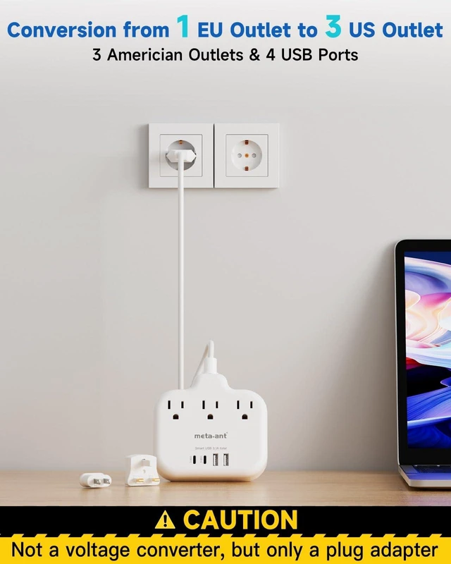 Alt view image 11 of 14 - European Travel Plug Adapter, US to European Plug Adapter with 3 American Outlets & 4 USB, 3ft European Power Cord, International Travel Power Strip, Type C for Europe EU Germany France, Travel, White