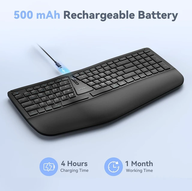 Alt view image 11 of 14 - Wireless Ergonomic Keyboard Rechargeable, 2.4G+Bluetooth Ergo Cordless USB Computer Keyboard, Wrist Rest, Natural Typing, Stain-Resistant Fabric, Compatible For Windows Computer Desktop Laptop