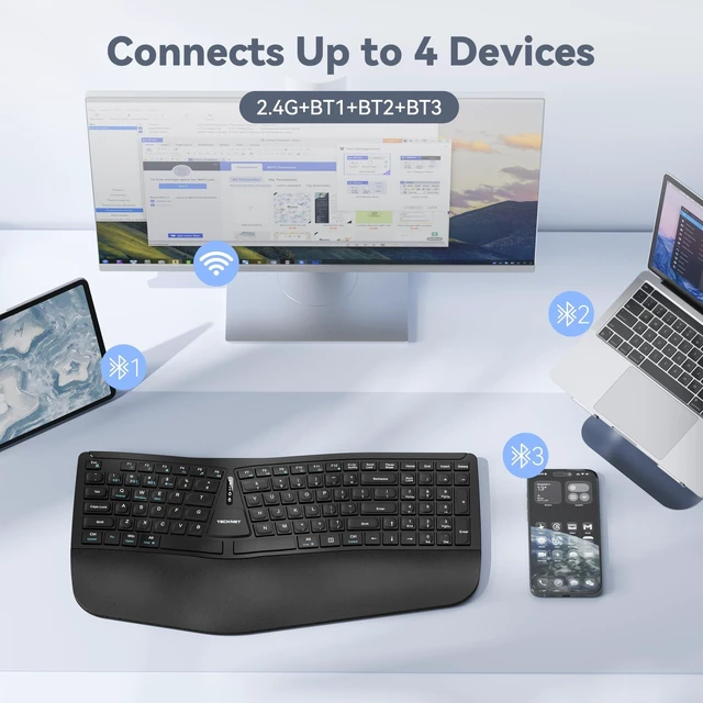 Alt view image 12 of 14 - Wireless Ergonomic Keyboard Rechargeable, 2.4G+Bluetooth Ergo Cordless USB Computer Keyboard, Wrist Rest, Natural Typing, Stain-Resistant Fabric, Compatible For Windows Computer Desktop Laptop