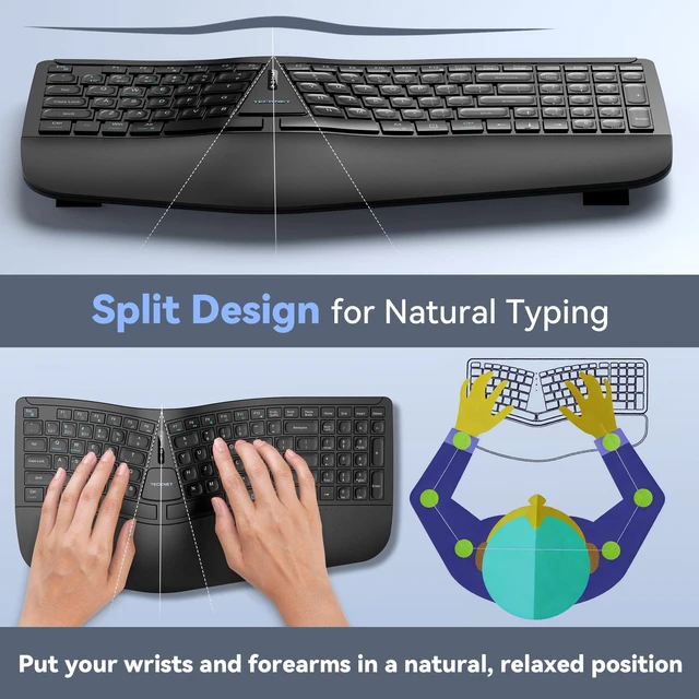 Alt view image 9 of 14 - Wireless Ergonomic Keyboard Rechargeable, 2.4G+Bluetooth Ergo Cordless USB Computer Keyboard, Wrist Rest, Natural Typing, Stain-Resistant Fabric, Compatible For Windows Computer Desktop Laptop