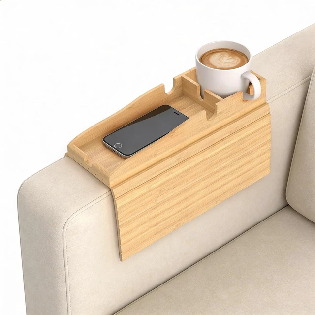 Alt view image 8 of 14 - Couch Armrest Table, Sofa Arm Tray with Removable Cup Holder, 2 in 1 Anti-Slip Armrest Tray Table for Couch, Bamboo Foldable Couch Cup Holder for Drinks Snacks Phone Remote Control