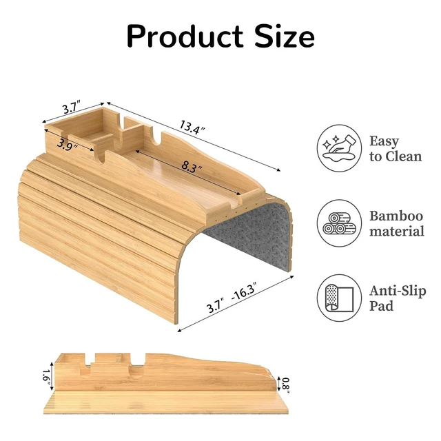 Alt view image 10 of 14 - Couch Armrest Table, Sofa Arm Tray with Removable Cup Holder, 2 in 1 Anti-Slip Armrest Tray Table for Couch, Bamboo Foldable Couch Cup Holder for Drinks Snacks Phone Remote Control
