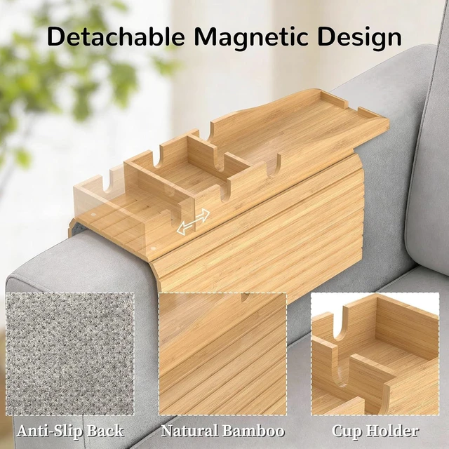 Alt view image 11 of 14 - Couch Armrest Table, Sofa Arm Tray with Removable Cup Holder, 2 in 1 Anti-Slip Armrest Tray Table for Couch, Bamboo Foldable Couch Cup Holder for Drinks Snacks Phone Remote Control